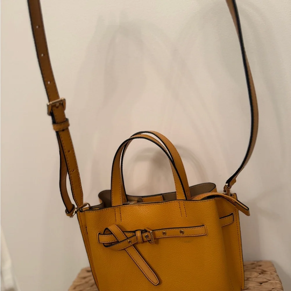 Michael Kors Emilia Mustard Yellow Pebbled Leather Belted Crossbody Satchel Bag